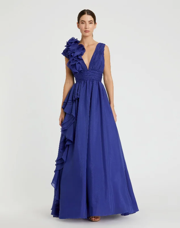 Maxi dresses with pom - pom trims for a playful and festive lookDark Blue Ruffle Shoulder V-Neck Chiffon Gown Maxi dresses with pom - pom trims for a playful and festive lookDark Blue Ruffle Shoulder V-Neck Chiffon Gown