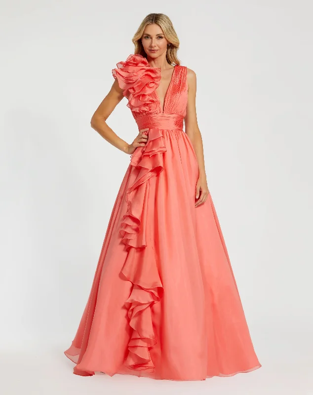 Maxi dresses with embroidered floral motifs for a unique designCoral Ruffle Shoulder V-Neck Chiffon Gown Maxi dresses with embroidered floral motifs for a unique designCoral Ruffle Shoulder V-Neck Chiffon Gown