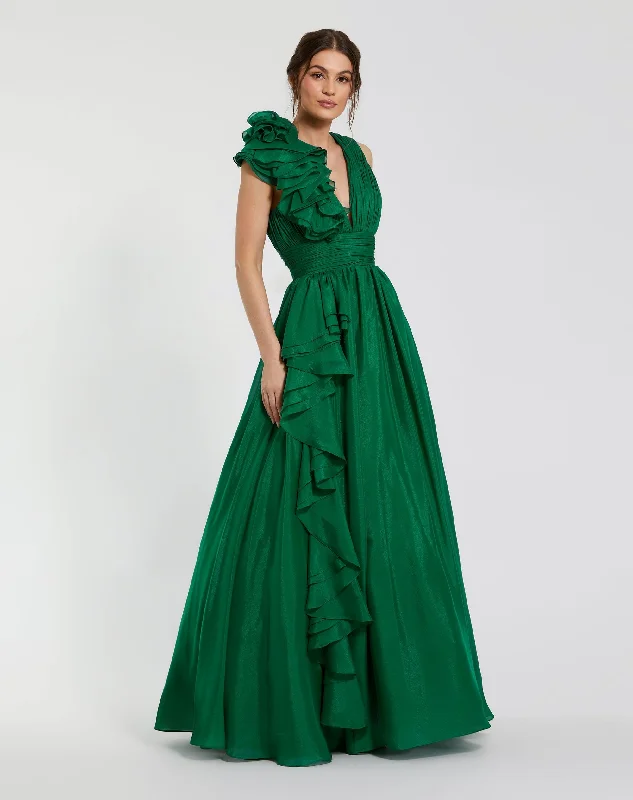 Maxi dresses with a button - down front for a classic lookDark Green Ruffle Shoulder V-Neck Chiffon Gown Maxi dresses with a button - down front for a classic lookDark Green Ruffle Shoulder V-Neck Chiffon Gown