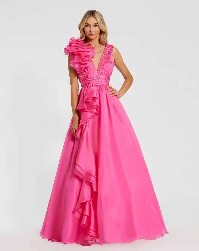 Maxi dresses with pocket details for added functionalityPink Ruffle Shoulder V-Neck Chiffon Gown