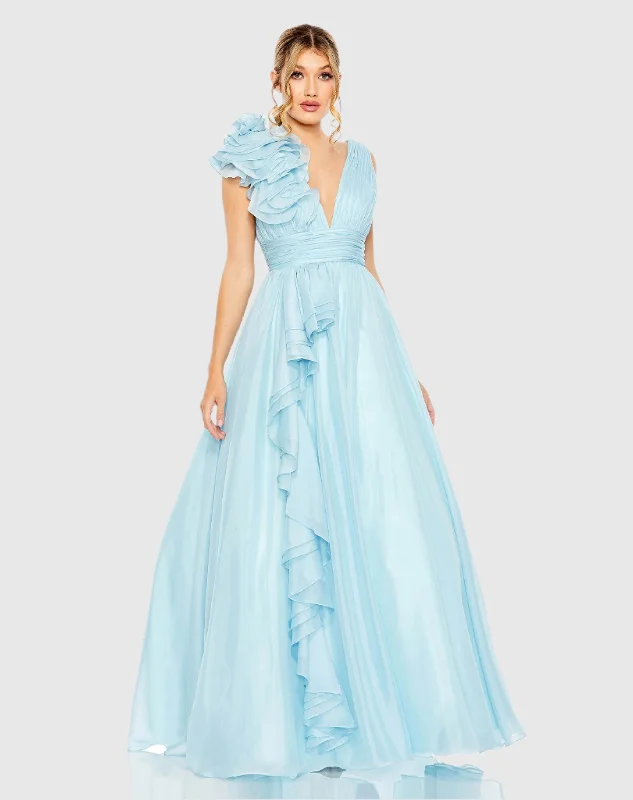 Satin maxi dresses with a high - low hem for a modern twistLight Blue Ruffle Shoulder V-Neck Chiffon Gown Satin maxi dresses with a high - low hem for a modern twistLight Blue Ruffle Shoulder V-Neck Chiffon Gown