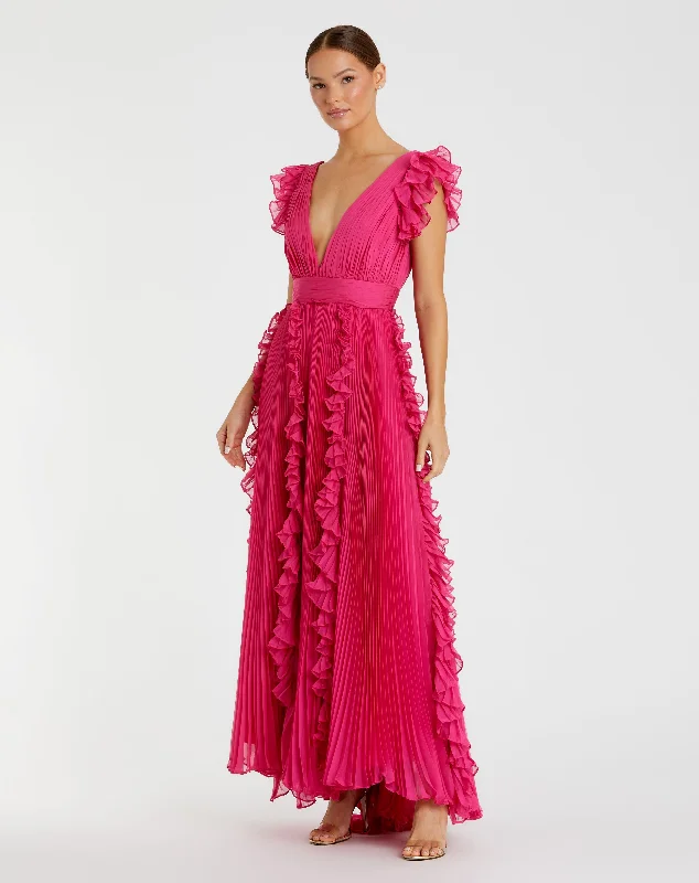 Maxi dresses with a keyhole back for a sexy detailPink Pleated Ruffle Cap Sleeve Flowy A Line Gown