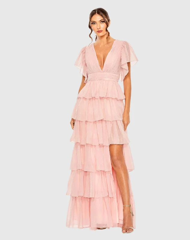Leather maxi dresses for an edgy and bold appearancePink Flutter Sleeve Ruffle Tiered Gown