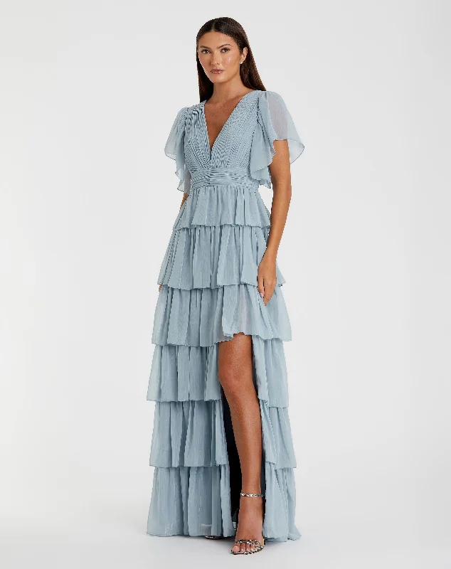 Maxi dresses with a cinched waist for a defined silhouetteBlue Flutter Sleeve Ruffle Tiered Gown