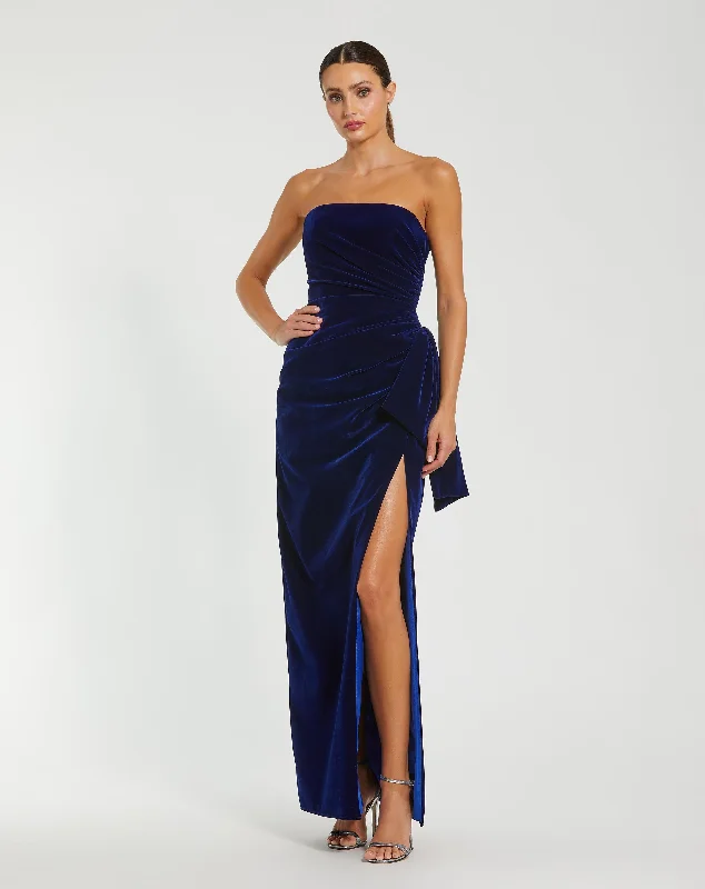 Maxi dresses with a button - down front for a classic lookStrapless High Slit Draped Velvet Gown Maxi dresses with a button - down front for a classic lookStrapless High Slit Draped Velvet Gown