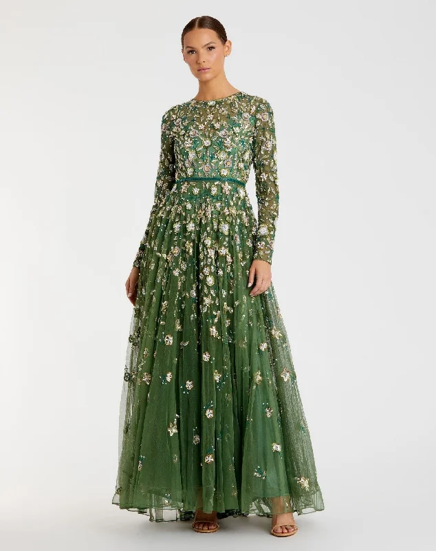 Maxi dresses with embroidered floral motifs for a unique designGreen Embellished High Neck Long Sleeve A Line Gown Maxi dresses with embroidered floral motifs for a unique designGreen Embellished High Neck Long Sleeve A Line Gown