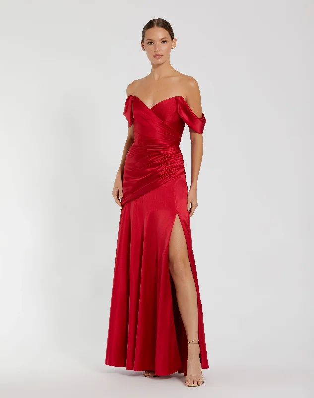 Maxi dresses with a pleated skirt for a timeless and elegant appearanceHard Satin Off The Shoulder Crossover Gown