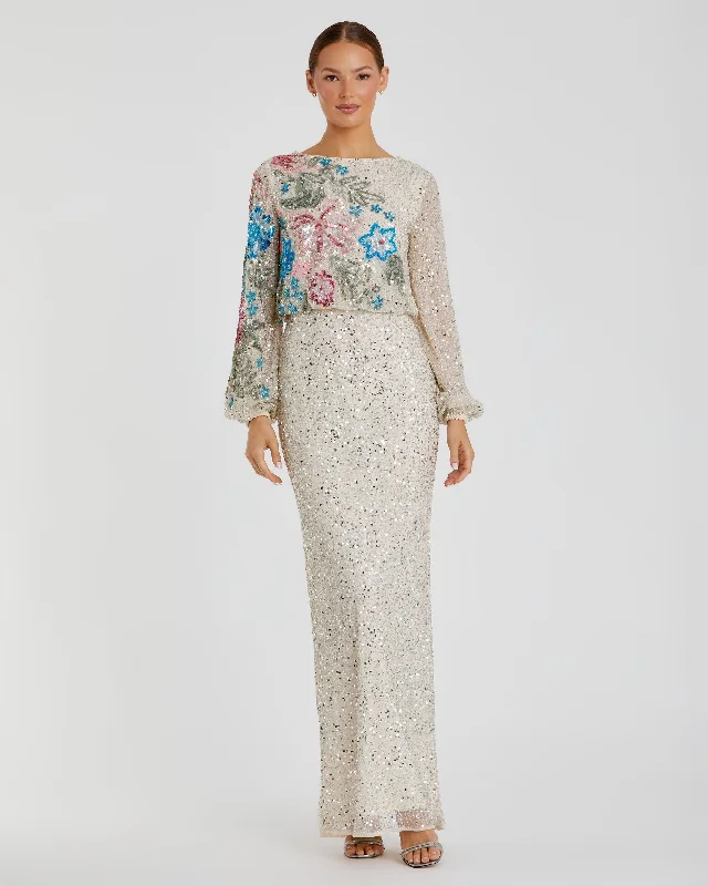 Maxi dresses with a cinched waist for a defined silhouetteBeige Embellished Floral High Neck Gown Maxi dresses with a cinched waist for a defined silhouetteBeige Embellished Floral High Neck Gown