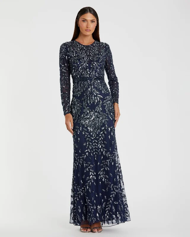 Animal print maxi dresses for a statement - making outfitLong Sleeve Illusion Neckline Embellished Gown