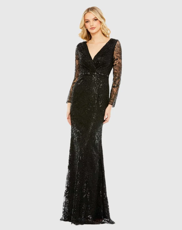 Maxi dresses with cut - out details on the sides for a modern edgeBlack Embellished Wrap Over Long Sleeve Gown Maxi dresses with cut - out details on the sides for a modern edgeBlack Embellished Wrap Over Long Sleeve Gown
