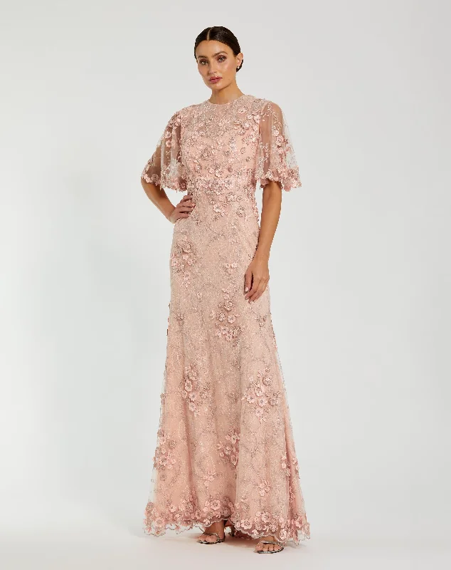 Leather maxi dresses for an edgy and bold appearanceFlutter Sleeve Floral Embroidered Net Gown