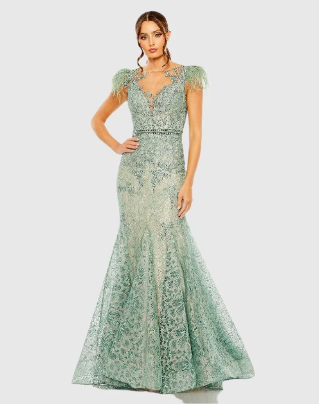 Maxi dresses with bow accents at the waist for a sweet appearanceEmbellished Feather Cap Sleeve Illusion Neck Trumpet Gown Maxi dresses with bow accents at the waist for a sweet appearanceEmbellished Feather Cap Sleeve Illusion Neck Trumpet Gown