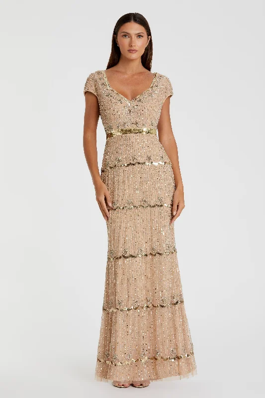 Metallic maxi dresses for a glamorous New Year's Eve partyBeige Cap Sleeve Sweetheart Neckline Beaded Sequin Column Gown