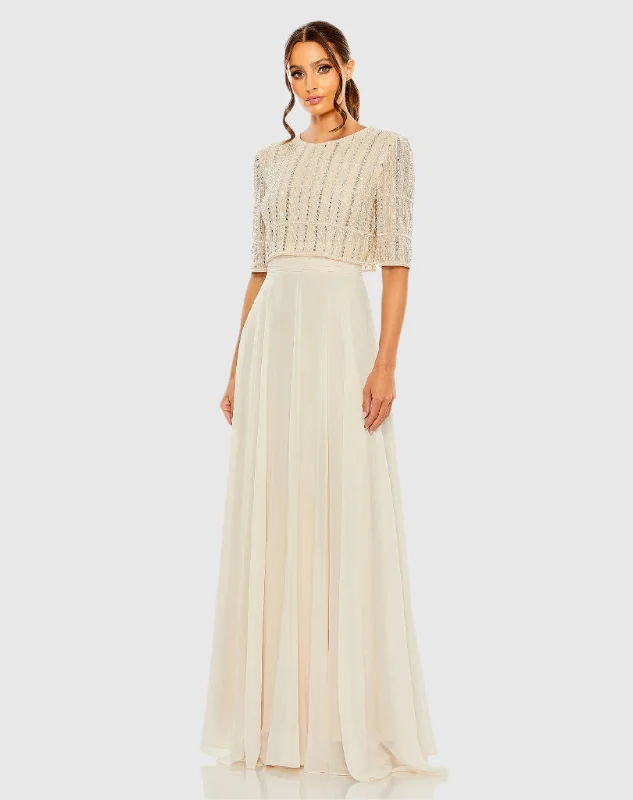 Maxi dresses with an asymmetric hem for a fashion - forward and eye - catching designBeige Chiffon Gown w/ Fully Beaded 3/4 Sleeve Top Maxi dresses with an asymmetric hem for a fashion - forward and eye - catching designBeige Chiffon Gown w/ Fully Beaded 3/4 Sleeve Top