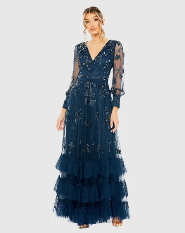 Animal print maxi dresses for a statement - making outfitMesh Long Sleeve V-Neck Tiered A Line Gown