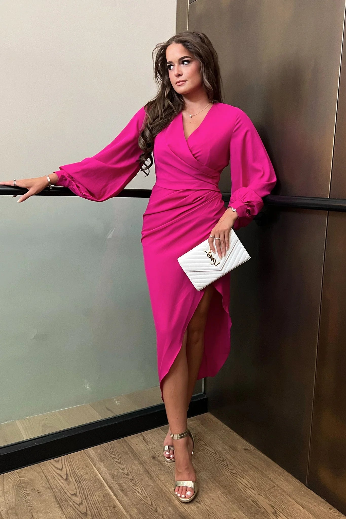 Printed maxi dresses with abstract patterns for an artistic lookAlexa Magenta Pink Asymmetric Long Sleeve Dress