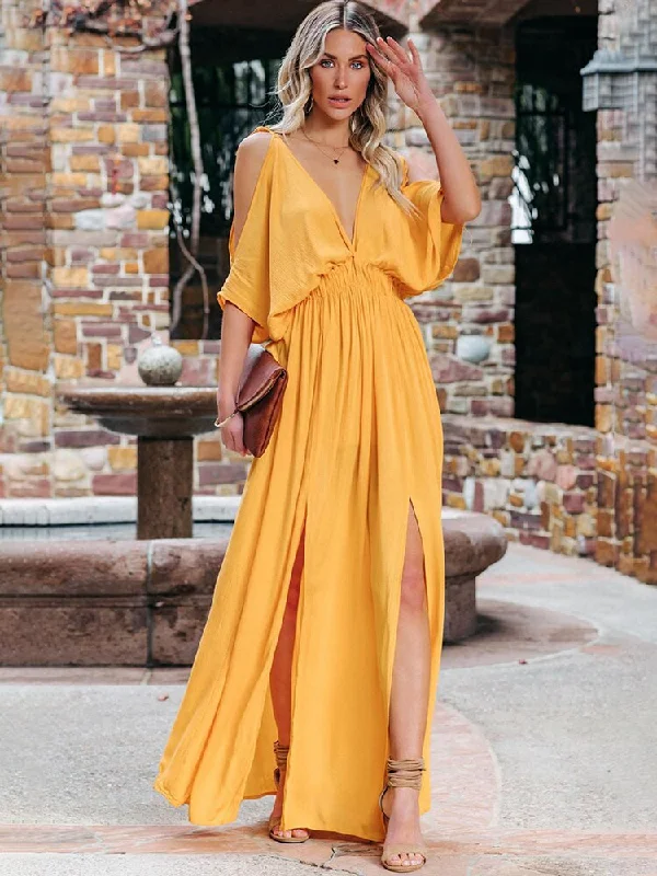 Maxi dresses with thin spaghetti straps for a delicate and feminine feelBerriesJam - Backless Deep V Neck Long Dress Side Split Sexy Dress