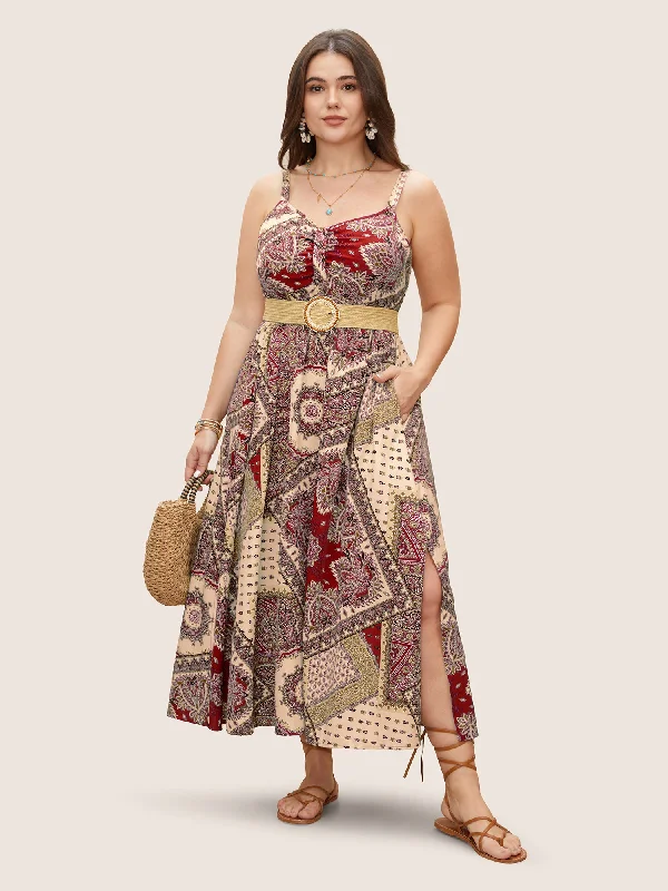 Maxi dresses with a ruched bodice for a more form - fitting and feminine shapeBandana Print Ruched Split Hem Cami Dress Maxi dresses with a ruched bodice for a more form - fitting and feminine shapeBandana Print Ruched Split Hem Cami Dress