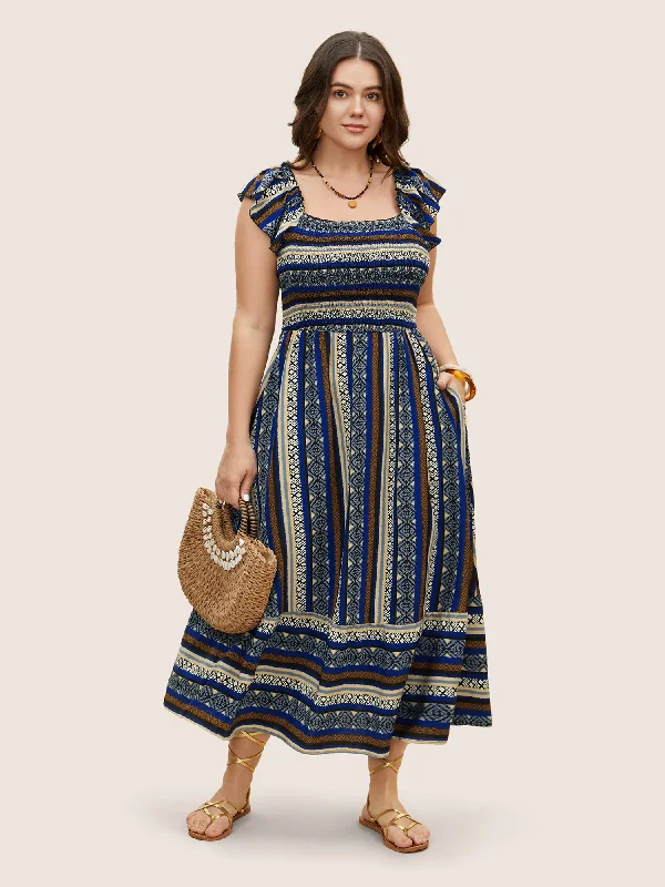 Maxi dresses with pocket details for added functionalityBandana Striped Shirred Ruffle Trim Dress