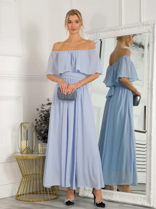 Strapless maxi dresses for a beachside vacationOff Shoulder Maxi Chiffon Dress, Light Blue