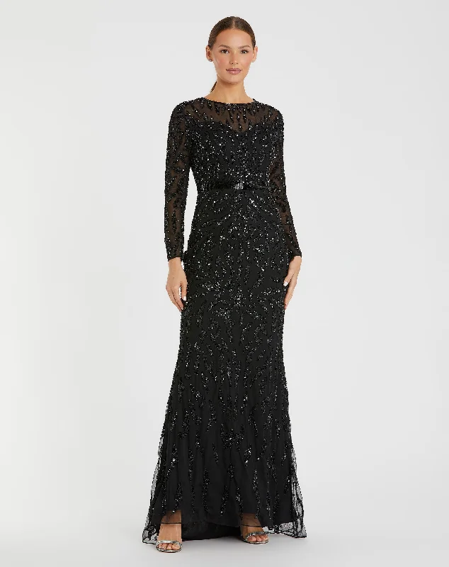 Maxi dresses with a keyhole back for a sexy detailBeaded Long Sleeve Evening Gown