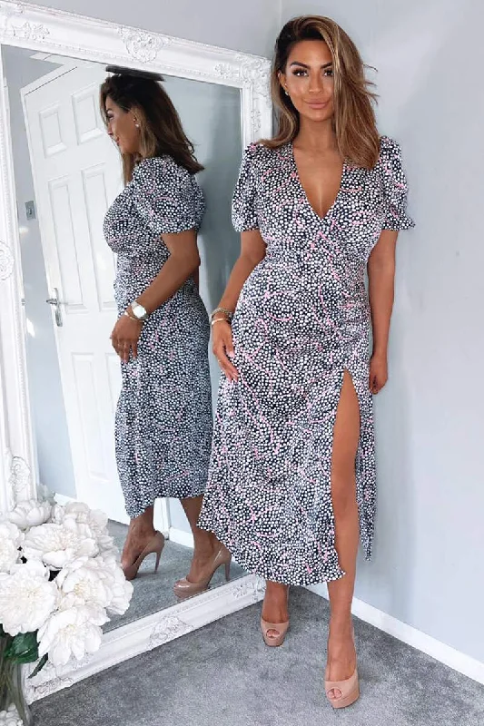 Maxi dresses with tassel accents for a fun and lively touchBecca Navy White and Pink Ruched Side Midi Dress