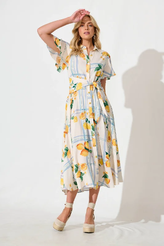 Maxi dresses with one - shoulder designs for a stylish and asymmetric lookBellarosa Maxi Shirt Dress in Ivory with Lemon and Blue Print
