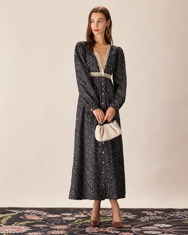 Floral print maxi dresses for summer garden partiesBlack Floral V-Neck Lantern Sleeve Maxi Dress