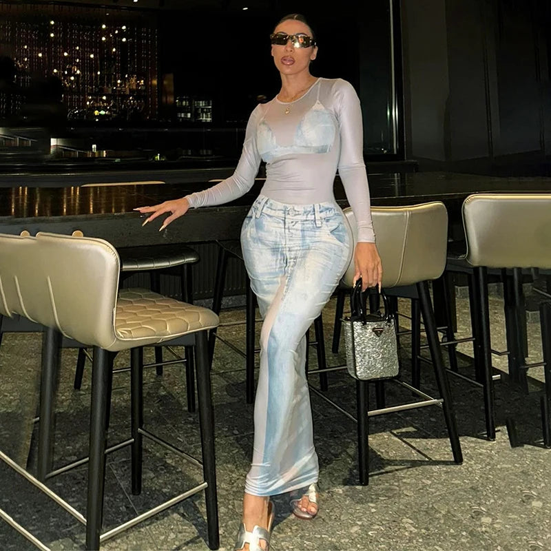 Leather maxi dresses for an edgy and bold appearanceBomblook D23DS303 2024 Spring Basic Outfit Slim Elegant Dress Casual Denim Printed Dress OEM ODM Maxi Ladies Dress