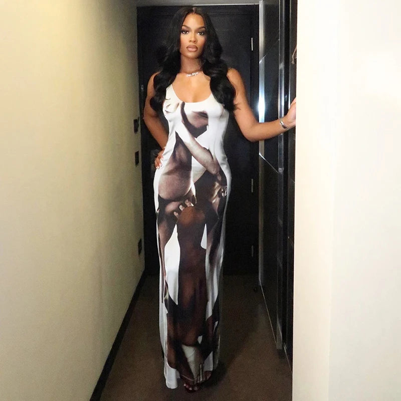 Maxi dresses with a button - down front for a classic lookBomblook D23DS308 Streetwear Sleeveless Cami Outfits Patchwork Maxi Dresses Women Fashion Elegant Dress