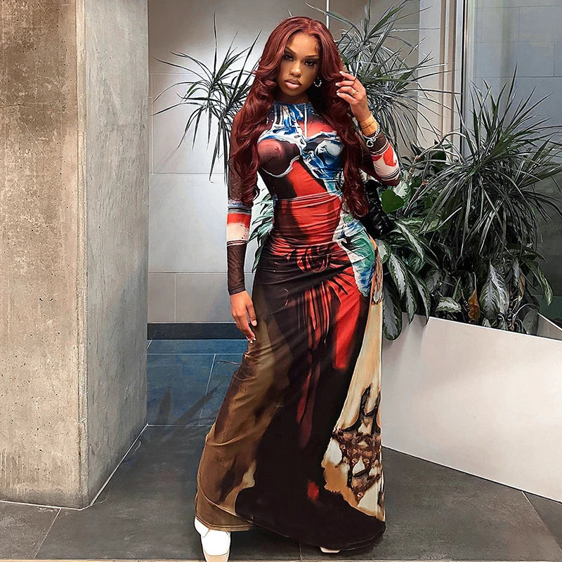 Maxi dresses with an asymmetric hem for a fashion - forward and eye - catching designBomblook K23DS500 Vintage Graphic Printed Slim Fit Outfits Fall Winter Pattern Lady Sexy Streetwear Bodycon Maxi Dress