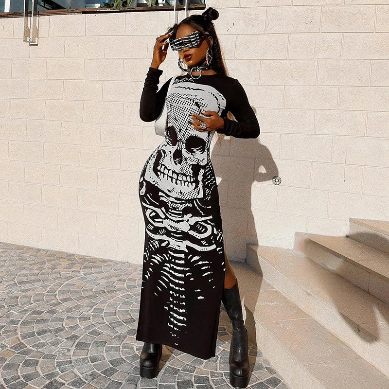Maxi dresses with pocket details for added functionalityBomblook Q23DS632 Contrast Color Gothic Style Fashion Printed Slim Outfits Fit 2024 Spring Outfits Lady Elegant Slit Maxi Dress