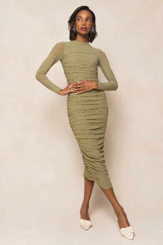 Sheer maxi dresses with lace overlays for a romantic touchBrynn Dress in Olive