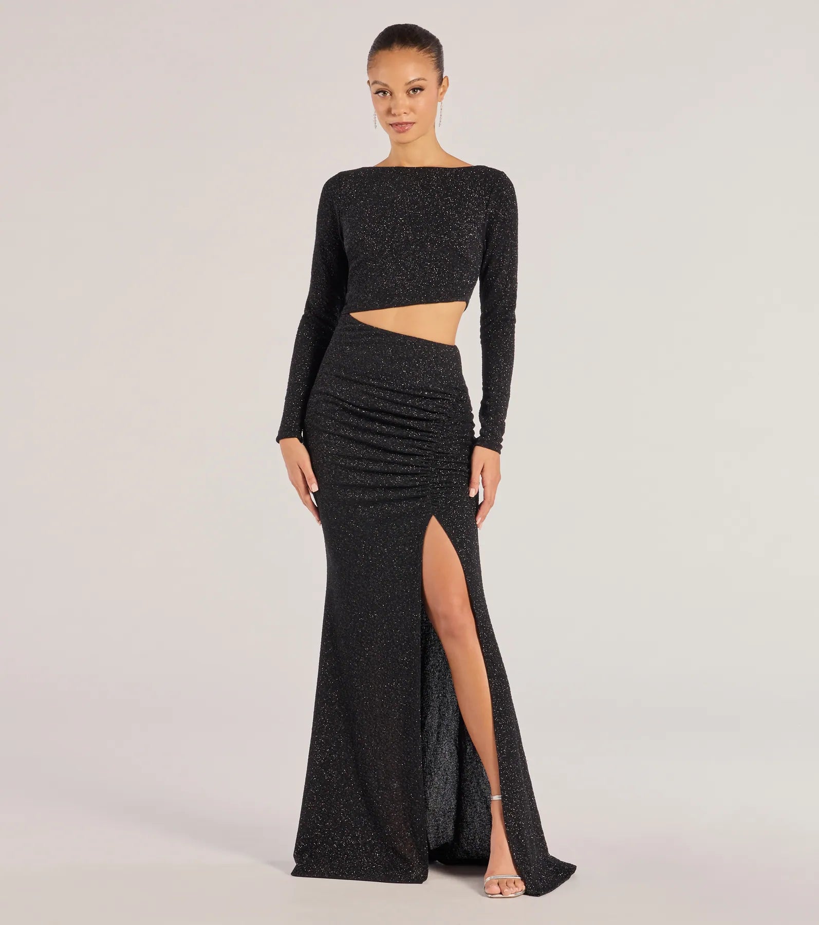 Maxi dresses with a criss - cross back for a flirty and unique detailBrynn Long Sleeve Glitter Cutout Mermaid Dress