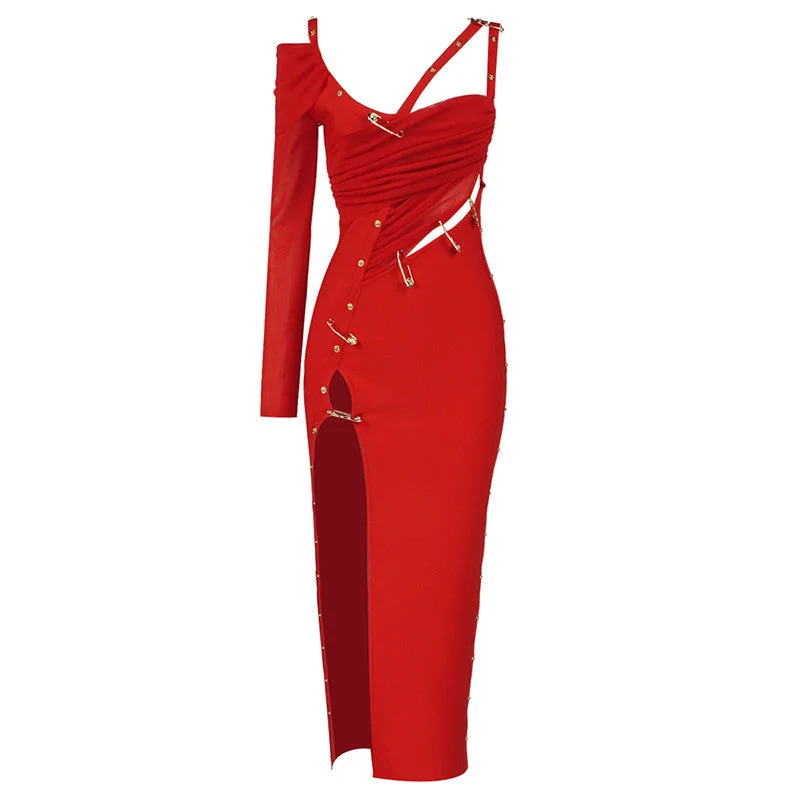Maxi dresses with an empire waist for a flattering fit on all body typesC2435 Hot Selling Red One Shoulder Cutout Slit Stylish Long Maxi Dress Women Clothing ladies maxi dresses