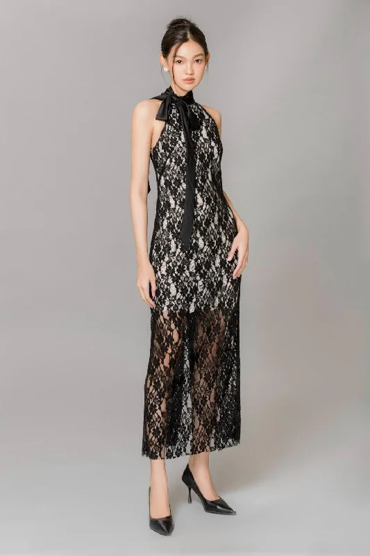 Maxi dresses with thin spaghetti straps for a delicate and feminine feelCarly Halter Scarf Neck Lace Ankle Length Dress