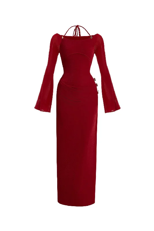 Velvet maxi dresses with long sleeves for winter weddingsCassia A-line Halter Neck Elastic Cotton Floor Length Dress