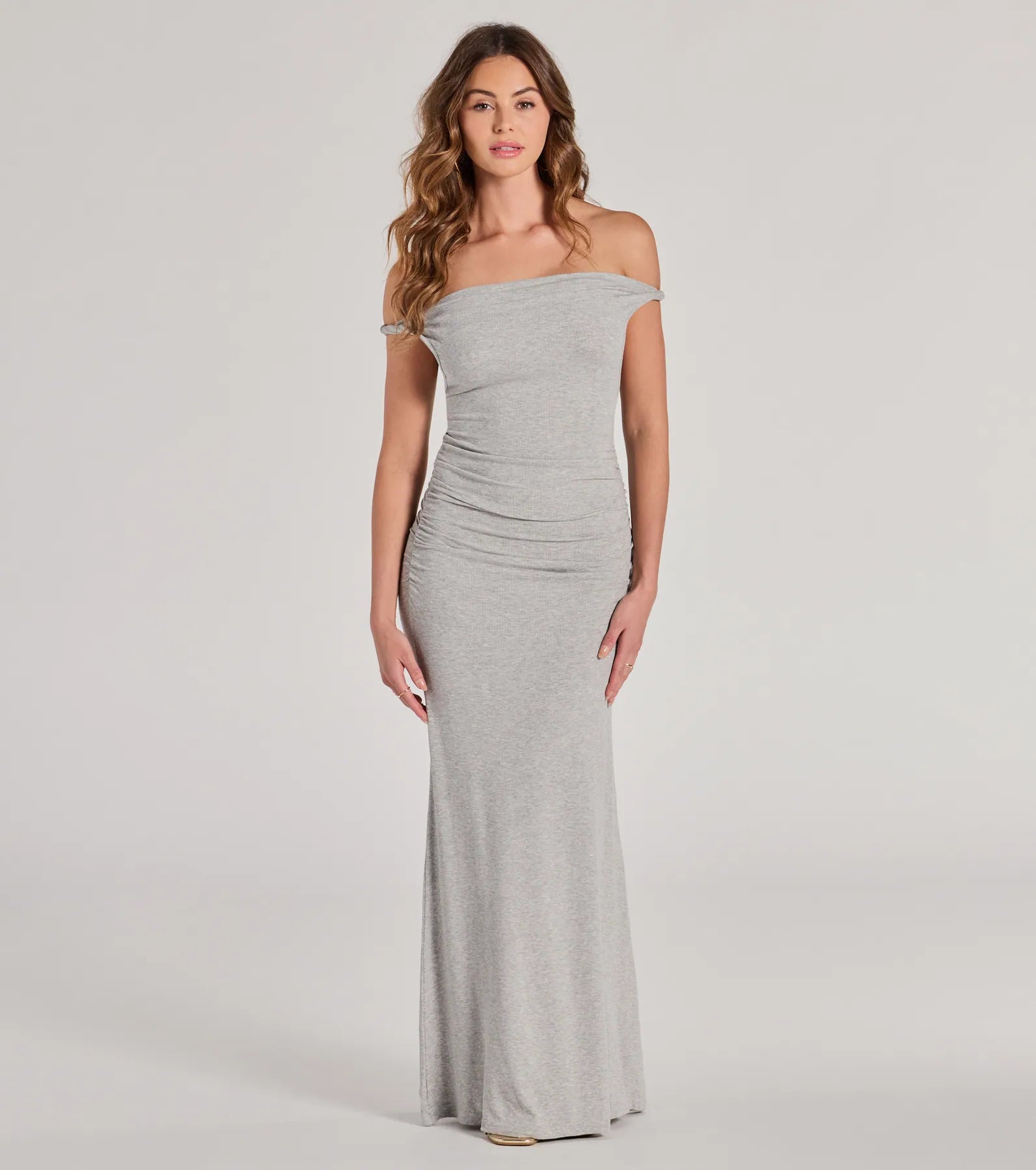 Satin maxi dresses with a high - low hem for a modern twistCasual Chic Ruched Ribbed Knit Maxi Dress