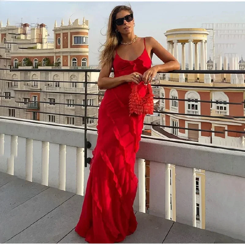 Maxi dresses with cold - shoulder cutouts for a trendy lookChiffon Maxi Dress with Ruffles and Backless Split - Sexy Long Summer Wedding/Christmas Party Outfit