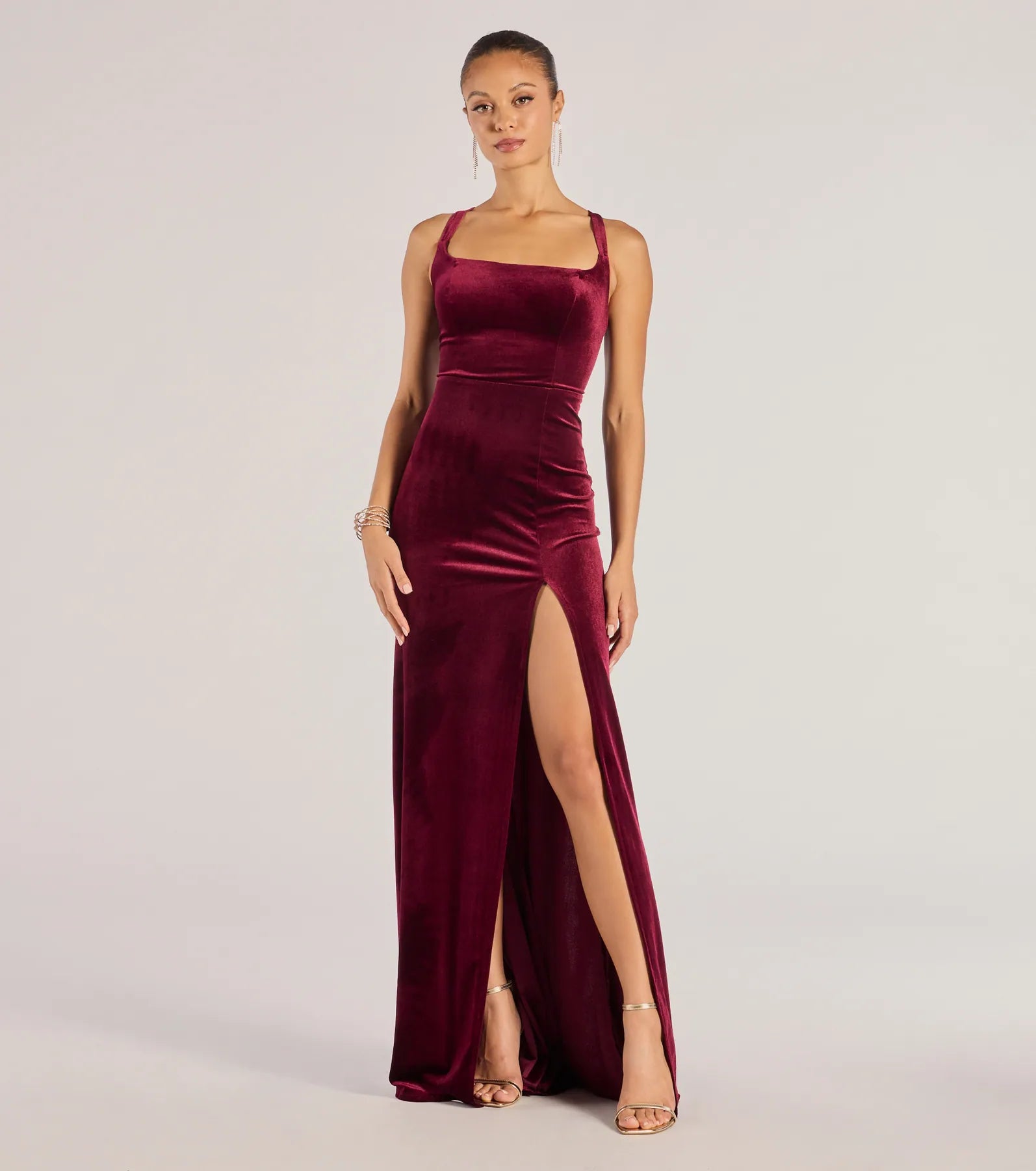 Maxi dresses with an asymmetric hem for a fashion - forward and eye - catching designChristina Lace-Up Back Velvet Dress