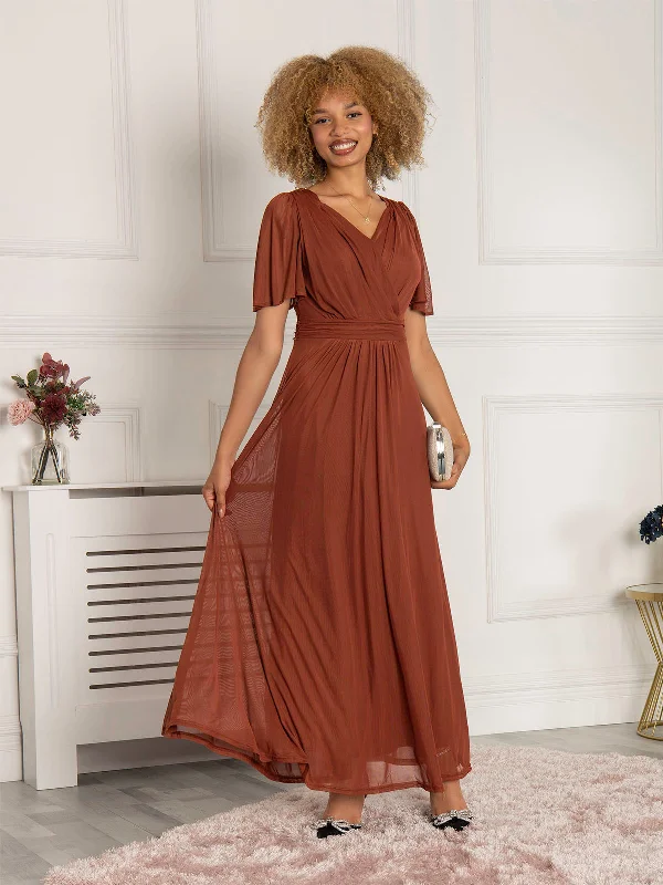 Cotton maxi dresses for a comfortable and everyday - wear optionFlute Sleeve Mesh Maxi Dress, Rust