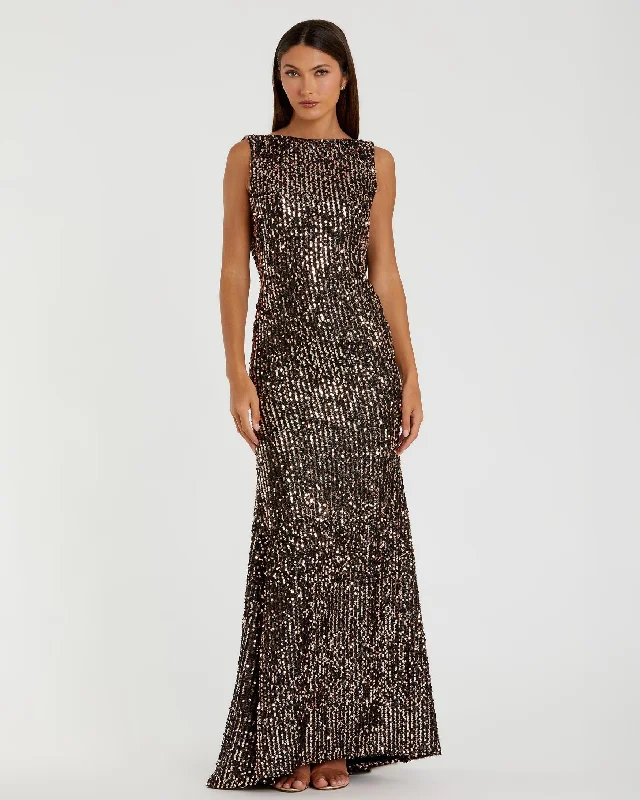 Maxi dresses with a keyhole back for a sexy detailBrown Cowl Back Boat Neck Sequined Evening Gown