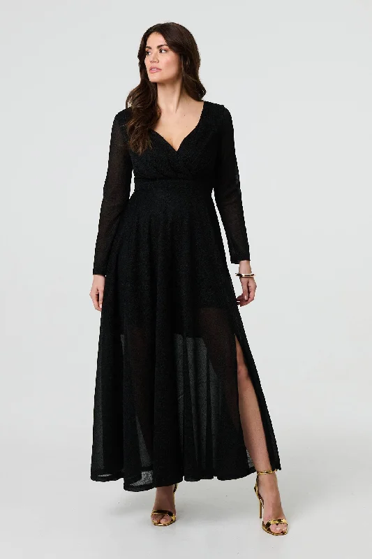 Maxi dresses with tassel accents for a fun and lively touchSparkly V-Neck Long Sleeve Maxi Dress