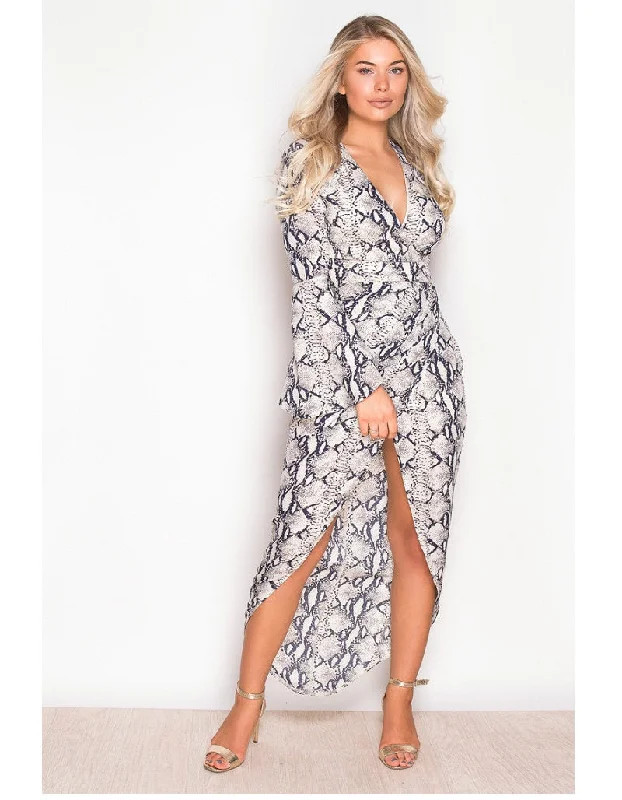 Strapless maxi dresses for a beachside vacationDana Snake Print Wrap Flute Sleeve Dress Strapless maxi dresses for a beachside vacationDana Snake Print Wrap Flute Sleeve Dress