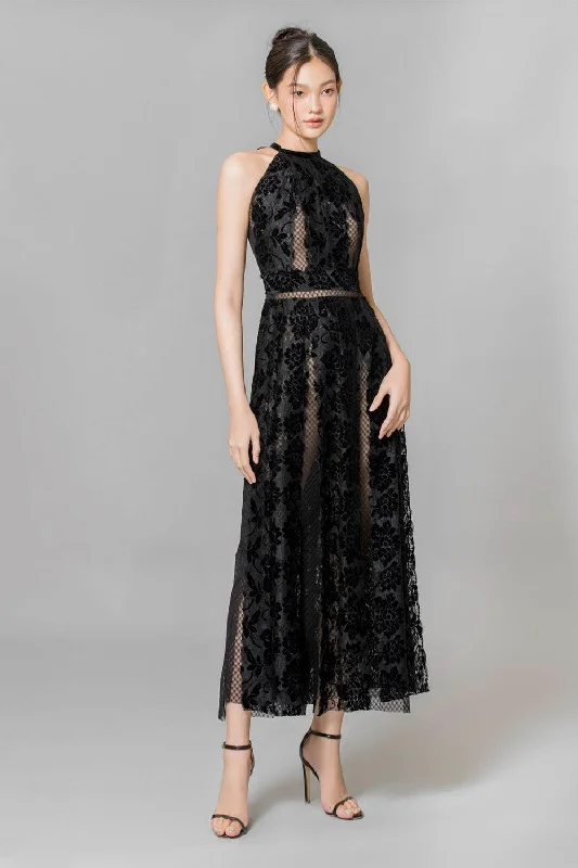 Maxi dresses with fringe trim for a bohemian vibeDenver Halter Sleeveless Lace Ankle Length Dress
