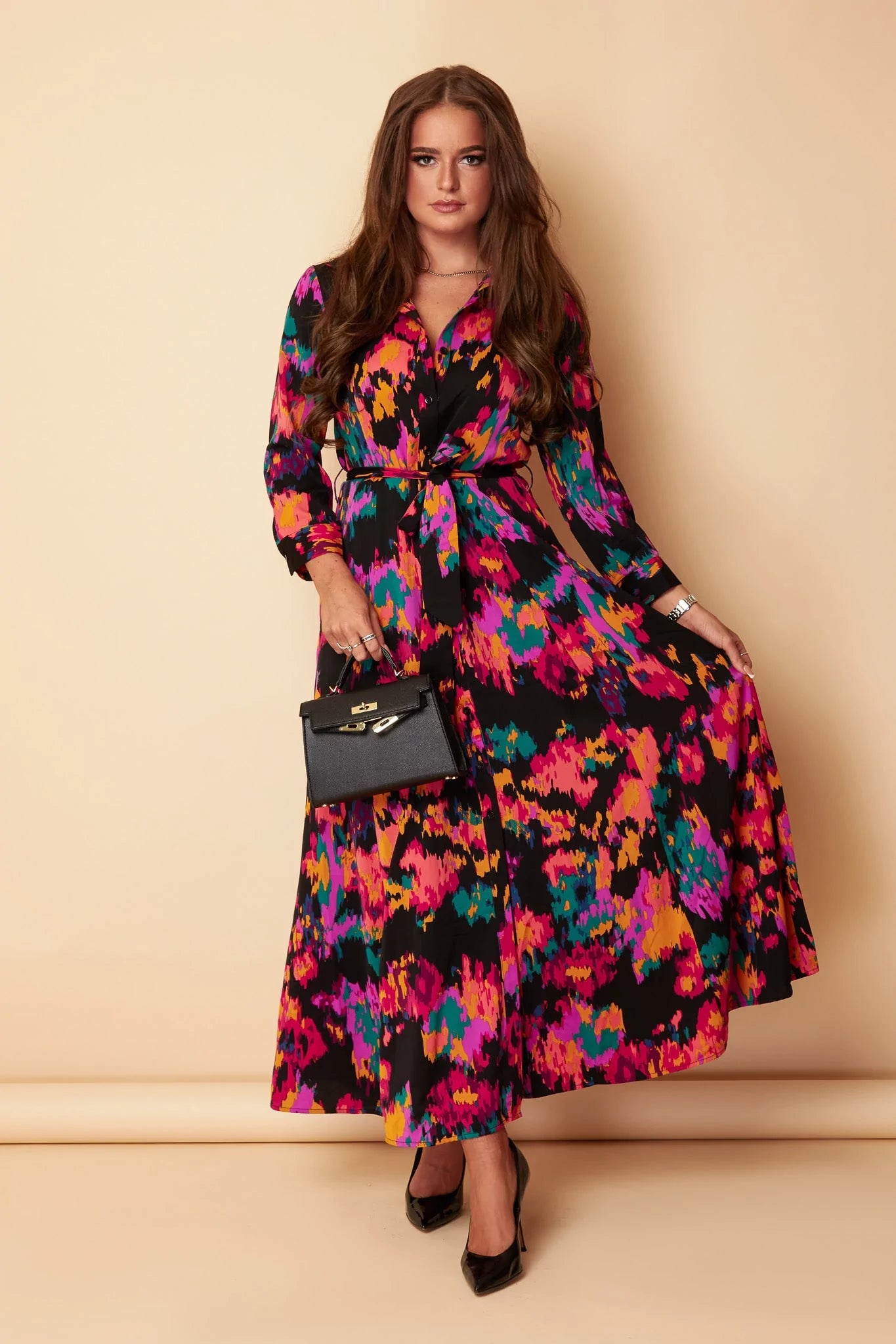 Maxi dresses with a ruched bodice for a more form - fitting and feminine shapeDora Multi Print Abstract Shirt Pocket Maxi Dress