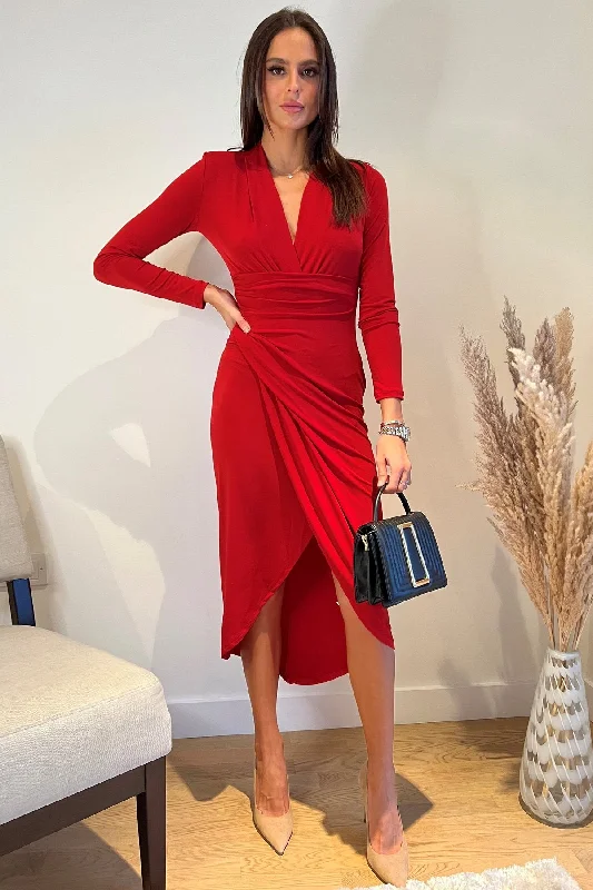 Maxi dresses with a cinched waist for a defined silhouetteDora Red Wrap Style Front Split Midi Dress