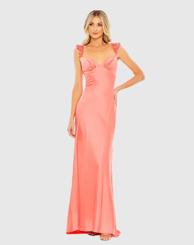 Satin maxi dresses with a high - low hem for a modern twistEmbellished Empire Waist Column Gown