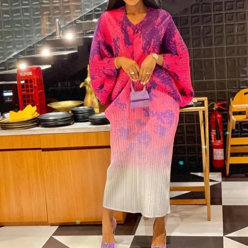 Maxi dresses with pom - pom trims for a playful and festive lookFall street wear kimono sleeve tie dye printed ladies casual dress fashion pleated elegant V neck long maxi women's dresses