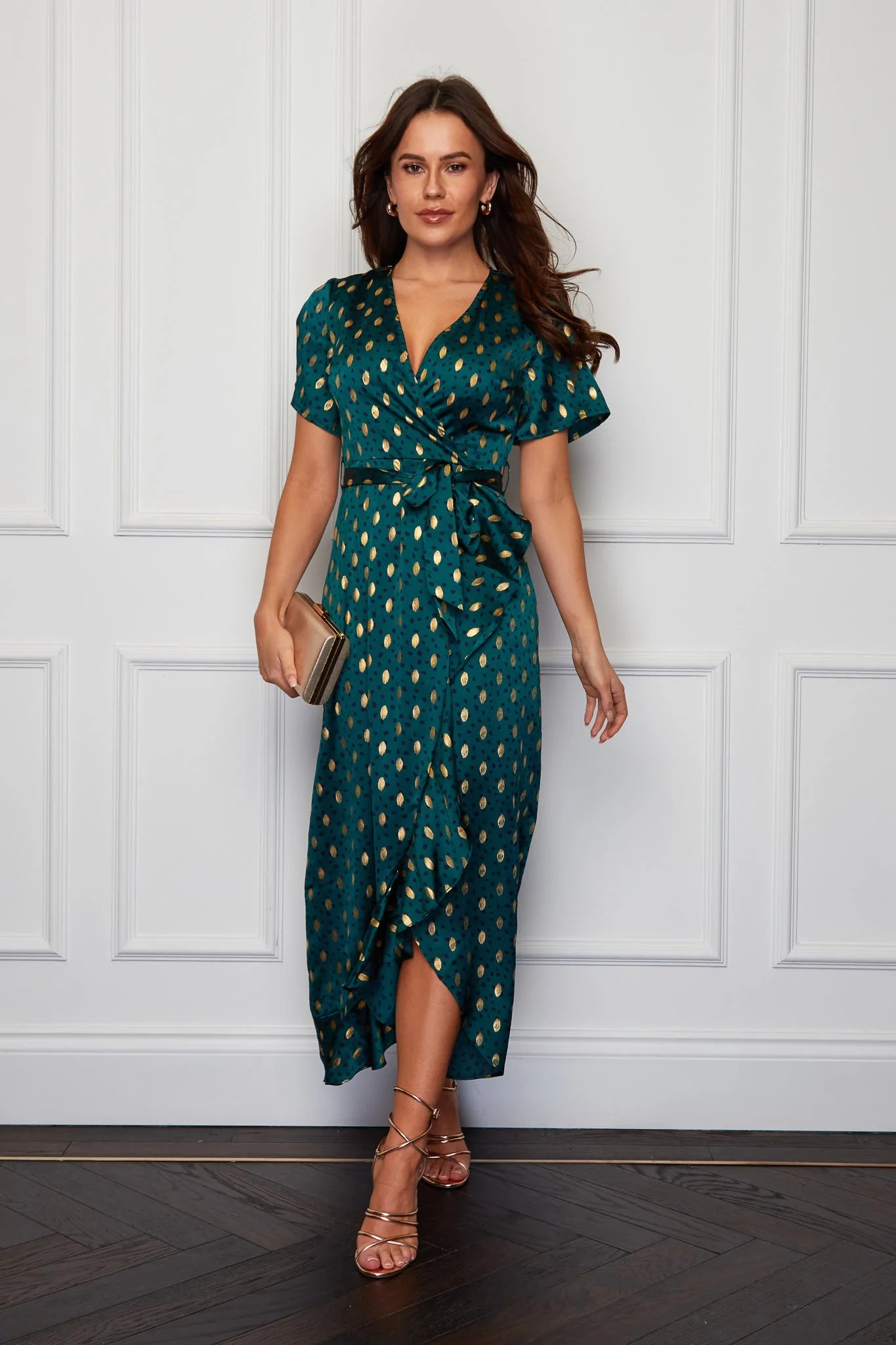 Velvet maxi dresses with long sleeves for winter weddingsFiona Emerald Green Gold Foil Frill Hem Dress